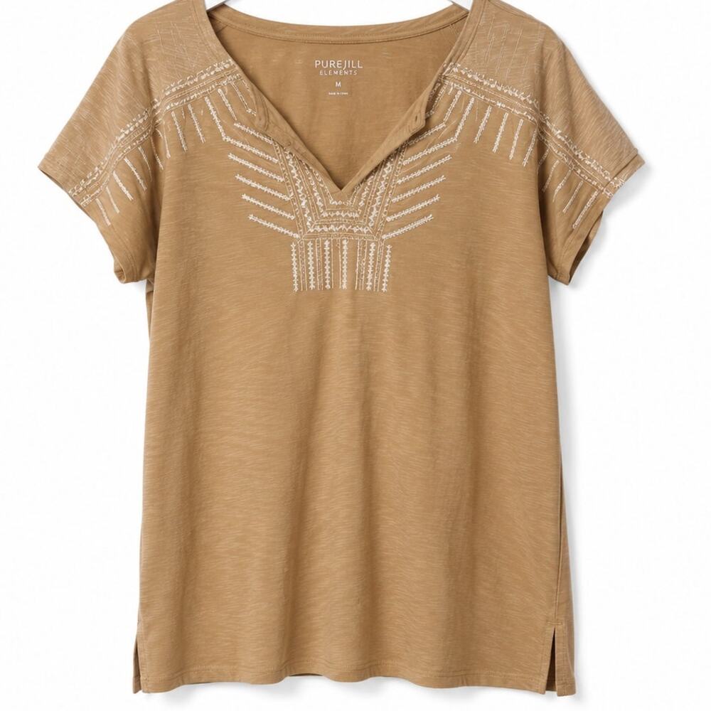 Purejill Elements Embroidered V Neck Top Women's M Tan Cotton Linen Blend Tee